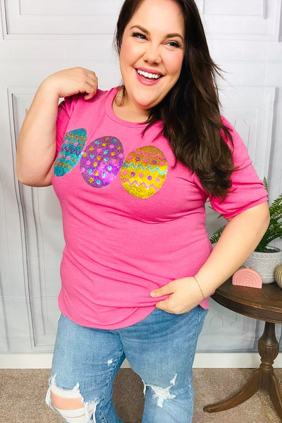 Turn Heads Hot Pink Sequin Easter Egg Terry Top - Online Only!