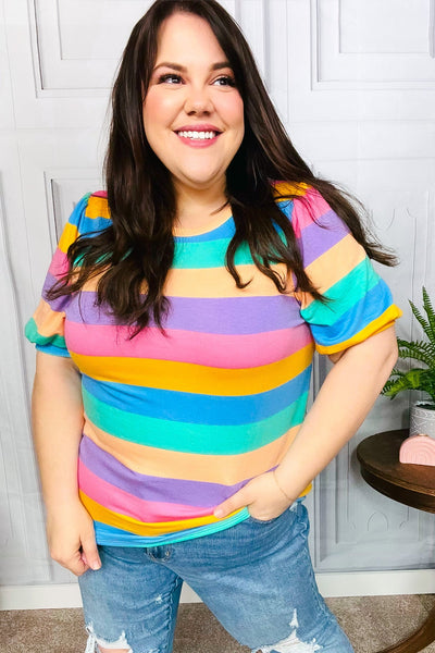 Can't Look Away Multicolor Stripe Bubble Sleeve Terry Top - Online Only!