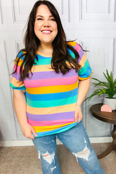 Can't Look Away Multicolor Stripe Bubble Sleeve Terry Top - Online Only!