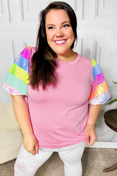 Stand Out Pink Rainbow Sequin Puff Sleeve Top - Online Only!