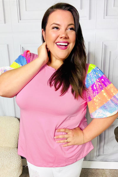 Stand Out Pink Rainbow Sequin Puff Sleeve Top - Online Only!