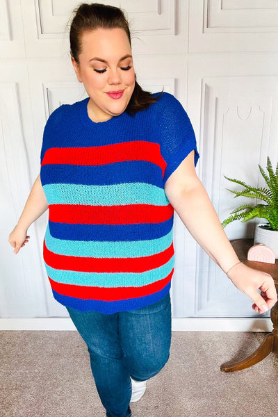 Forget Me Not Royal Blue Stripe Short Sleeve Dolman Sweater - Online Only!