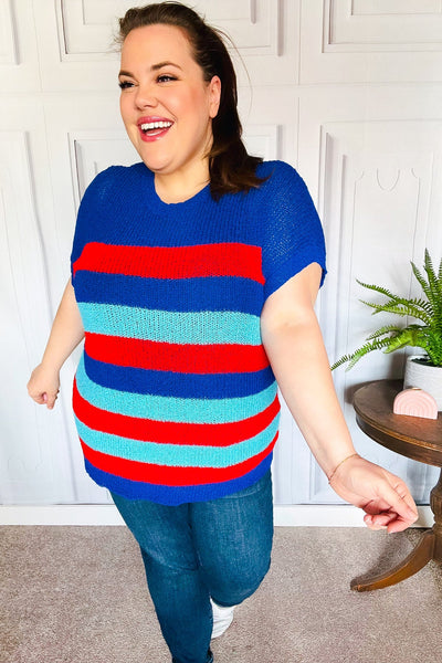 Forget Me Not Royal Blue Stripe Short Sleeve Dolman Sweater - Online Only!