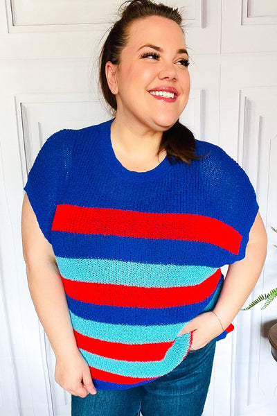 Forget Me Not Royal Blue Stripe Short Sleeve Dolman Sweater - Online Only!