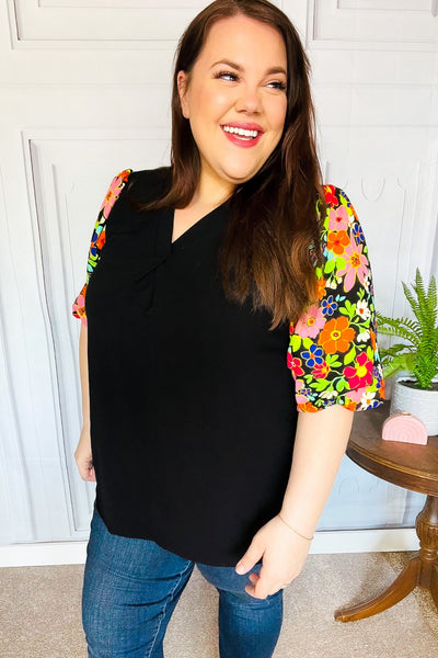 Eyes On You Black Floral Puff Sleeve V Neck Top - Online Only!