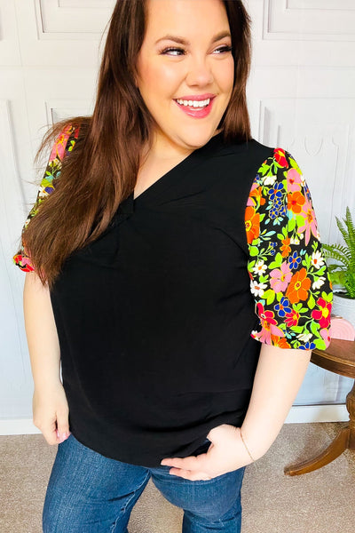 Eyes On You Black Floral Puff Sleeve V Neck Top - Online Only!