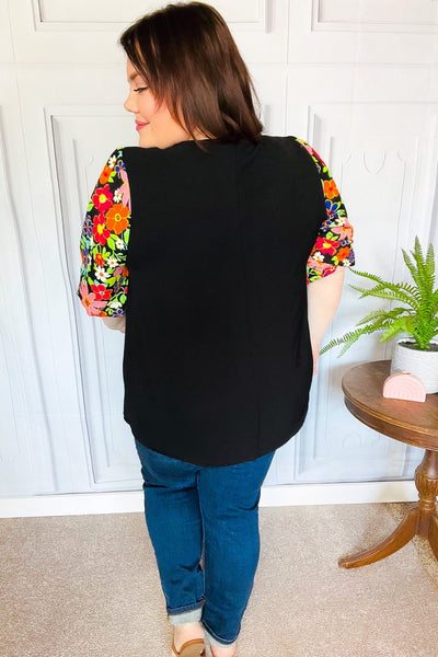 Eyes On You Black Floral Puff Sleeve V Neck Top - Online Only!