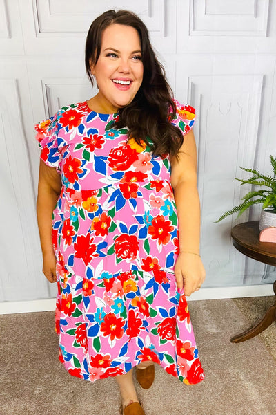 Pink Multi Floral Ruffle Sleeve Tiered Dress - Online Only!