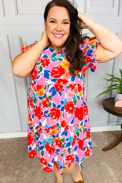 Pink Multi Floral Ruffle Sleeve Tiered Dress - Online Only!