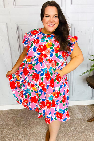 Pink Multi Floral Ruffle Sleeve Tiered Dress - Online Only!