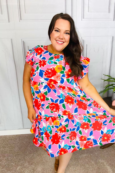 Pink Multi Floral Ruffle Sleeve Tiered Dress - Online Only!