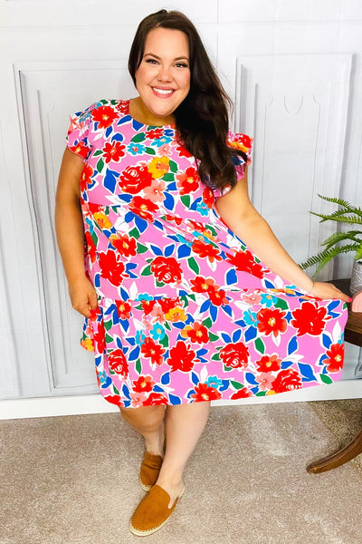 Pink Multi Floral Ruffle Sleeve Tiered Dress - Online Only!