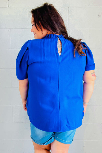 Lovely In Holiday Blue Frill Mock Neck Woven Top - Online Only!