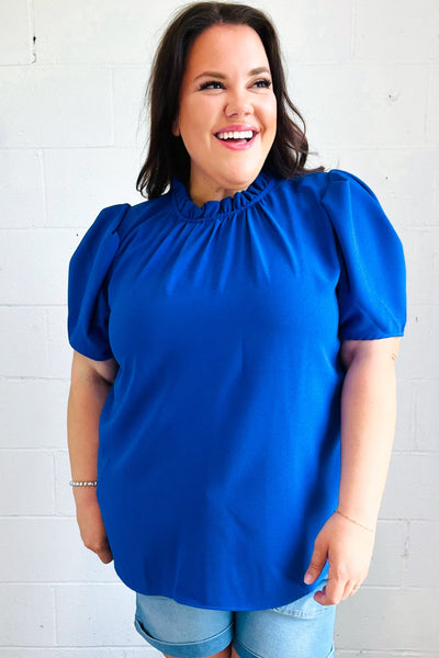 Lovely In Holiday Blue Frill Mock Neck Woven Top - Online Only!