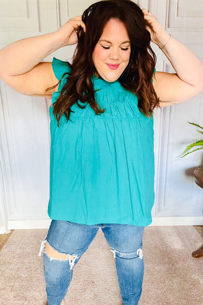 Love Life Cotton Turquoise Frill Mock Neck Flutter Sleeve Top - Online Only!