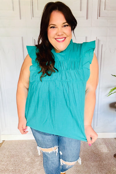 Love Life Cotton Turquoise Frill Mock Neck Flutter Sleeve Top - Online Only!