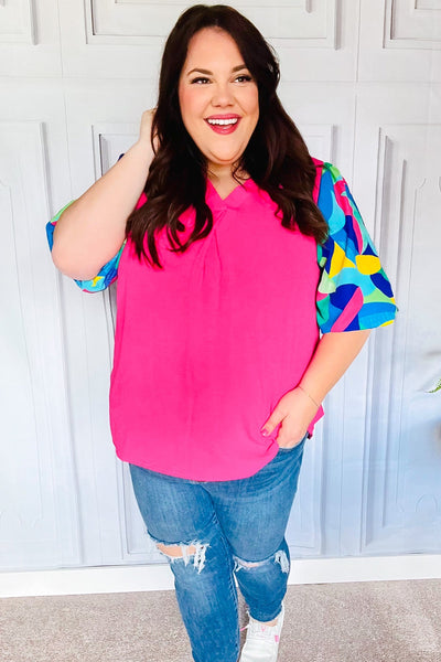 Tell Your Story Fuchsia Geo Print Puff Sleeve V Neck Top - Online Only!