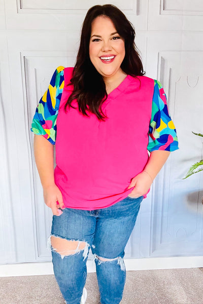 Tell Your Story Fuchsia Geo Print Puff Sleeve V Neck Top - Online Only!