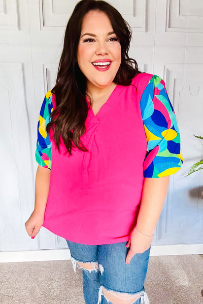Tell Your Story Fuchsia Geo Print Puff Sleeve V Neck Top - Online Only!
