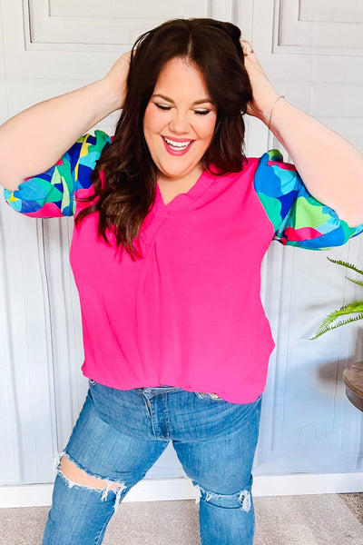 Tell Your Story Fuchsia Geo Print Puff Sleeve V Neck Top - Online Only!