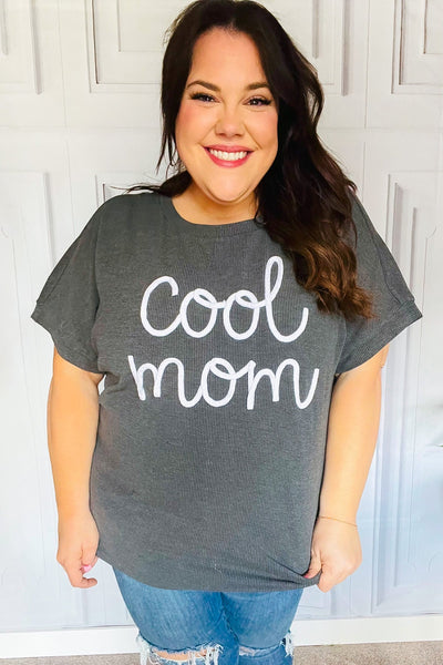 Take A Bow Charcoal "Cool Mom" Embroidery Pop-Up Rib Dolman Top - Online Only!