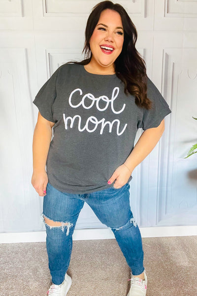 Take A Bow Charcoal "Cool Mom" Embroidery Pop-Up Rib Dolman Top - Online Only!