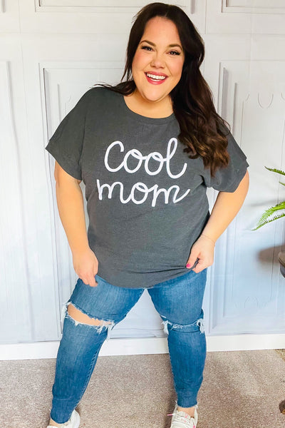 Take A Bow Charcoal "Cool Mom" Embroidery Pop-Up Rib Dolman Top - Online Only!