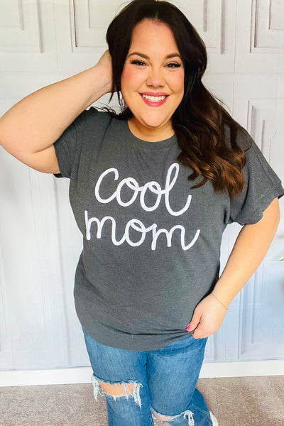 Take A Bow Charcoal "Cool Mom" Embroidery Pop-Up Rib Dolman Top - Online Only!