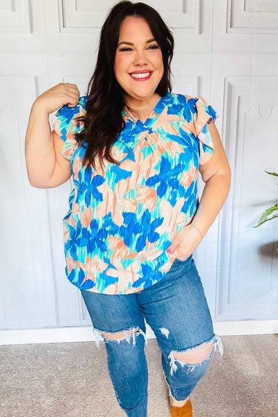 Tropical Breeze Turquoise Floral Banded V Neck Flutter Sleeve Top - Online Only!