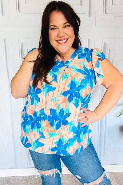 Tropical Breeze Turquoise Floral Banded V Neck Flutter Sleeve Top - Online Only!