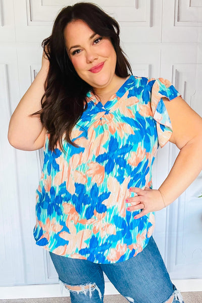 Tropical Breeze Turquoise Floral Banded V Neck Flutter Sleeve Top - Online Only!