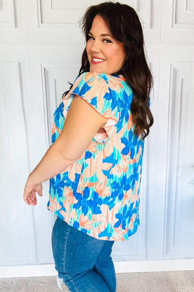 Tropical Breeze Turquoise Floral Banded V Neck Flutter Sleeve Top - Online Only!