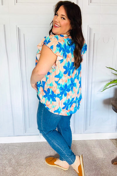 Tropical Breeze Turquoise Floral Banded V Neck Flutter Sleeve Top - Online Only!