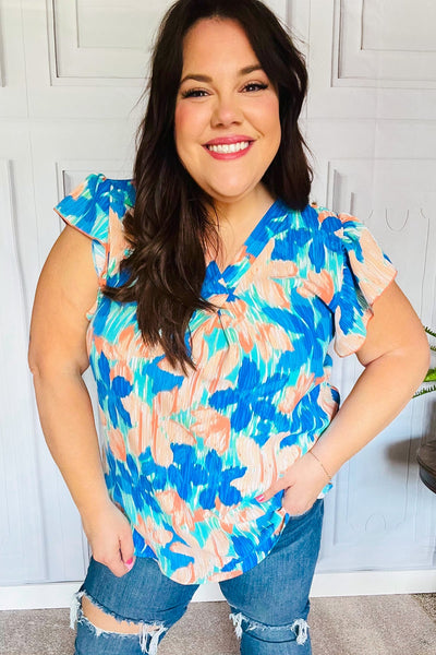 Tropical Breeze Turquoise Floral Banded V Neck Flutter Sleeve Top - Online Only!