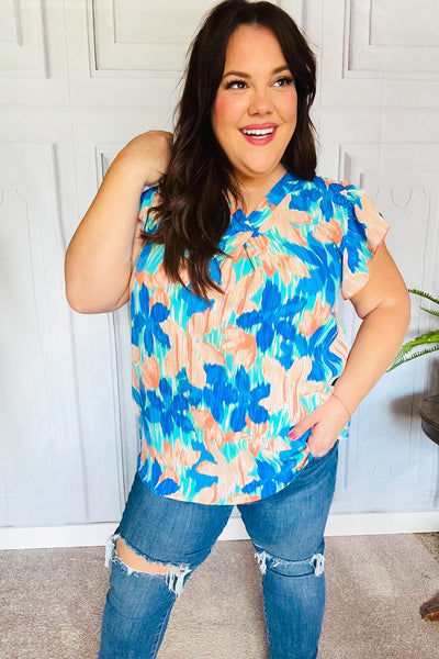 Tropical Breeze Turquoise Floral Banded V Neck Flutter Sleeve Top - Online Only!