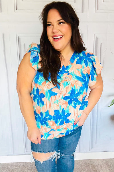 Tropical Breeze Turquoise Floral Banded V Neck Flutter Sleeve Top - Online Only!