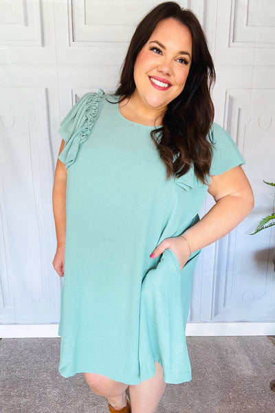 Out For The Day Sage Crinkle Woven Ruffle Sleeve Dress - Online Only!