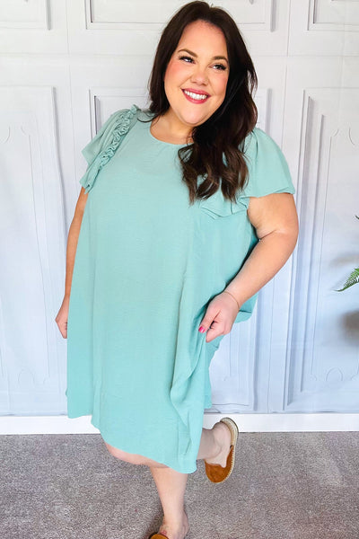 Out For The Day Sage Crinkle Woven Ruffle Sleeve Dress - Online Only!