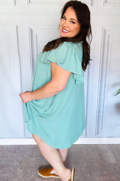 Out For The Day Sage Crinkle Woven Ruffle Sleeve Dress - Online Only!