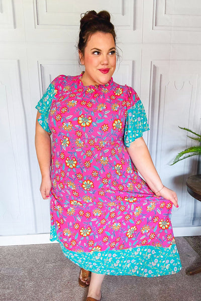 Charming Fuchsia & Mint Floral Frill Mock Neck Flutter Sleeve Midi Dress - Online Only!