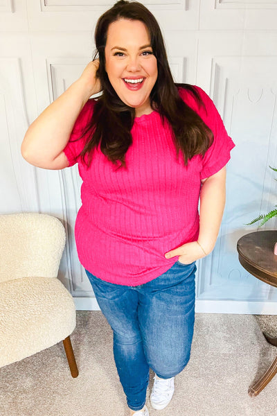 Be Your Best Fuchsia Cable Knit Dolman Short Sleeve Sweater Top - Online Only!