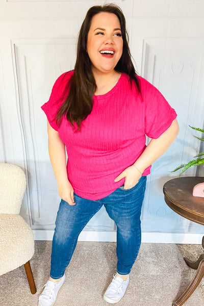 Be Your Best Fuchsia Cable Knit Dolman Short Sleeve Sweater Top - Online Only!