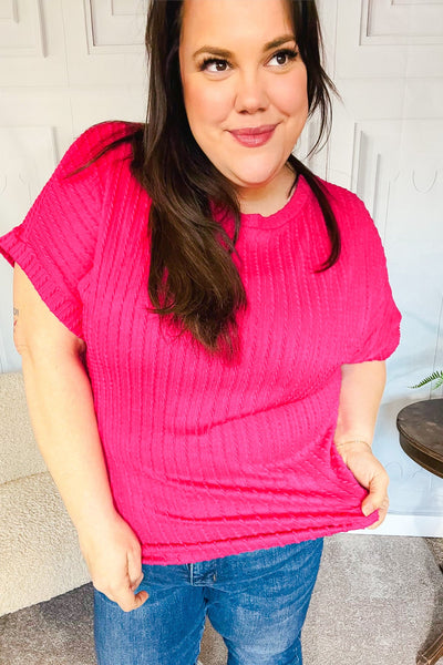 Be Your Best Fuchsia Cable Knit Dolman Short Sleeve Sweater Top - Online Only!