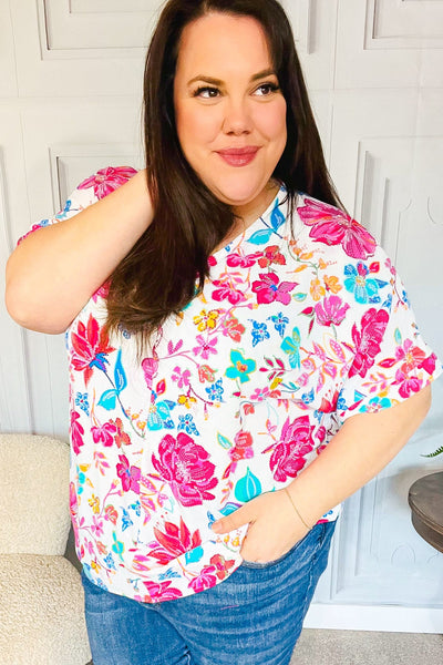 Tropical Breeze Peach Floral Banded V Neck Flutter Sleeve Top - Online Only!