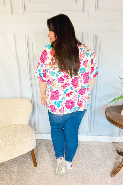 Tropical Breeze Peach Floral Banded V Neck Flutter Sleeve Top - Online Only!