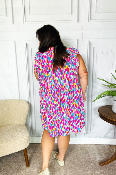 Feeling Femme' Fuchsia & Mint Abstract Print Frill Mock Neck Dress - Online Only!