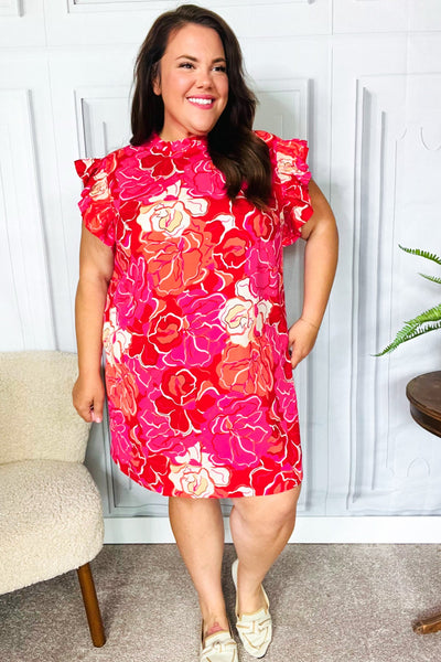 True Love Pink & Red Floral Smocked Ruffle Sleeve Dress - Online Only!