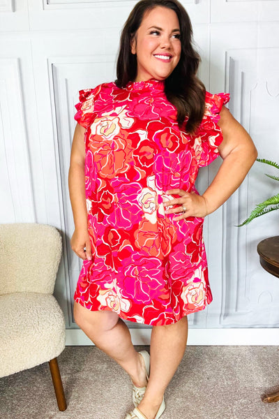 True Love Pink & Red Floral Smocked Ruffle Sleeve Dress - Online Only!