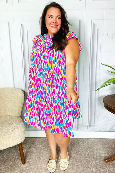 Feeling Femme' Fuchsia & Mint Abstract Print Frill Mock Neck Dress - Online Only!