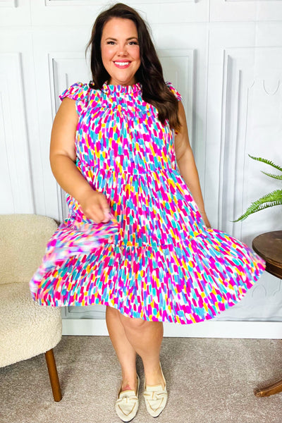 Feeling Femme' Fuchsia & Mint Abstract Print Frill Mock Neck Dress - Online Only!